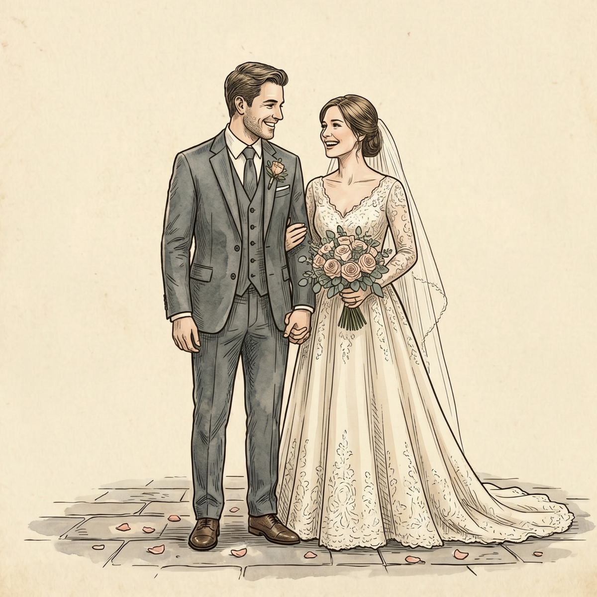 icon of bride and groom walking hand in hand