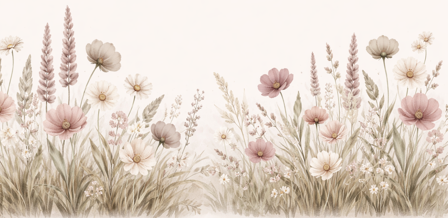 Illustration of a field of flowers with a soft color palette on a white background