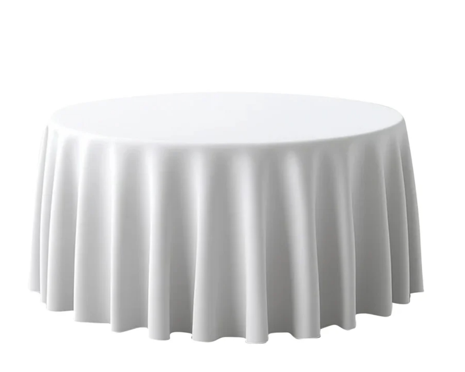 Round table covered with a white tablecloth on a white background