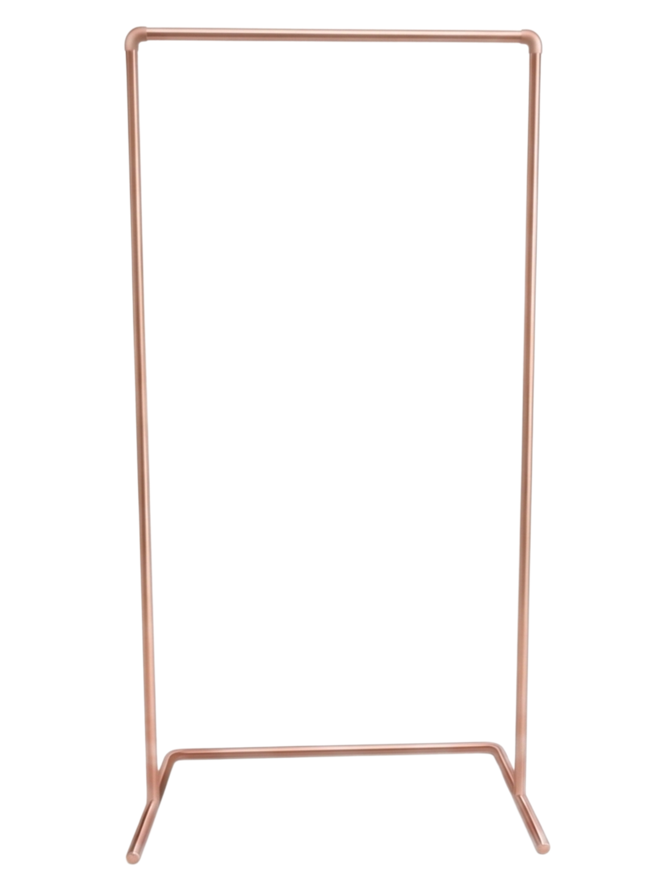 Rose gold clothing rack on a white background
