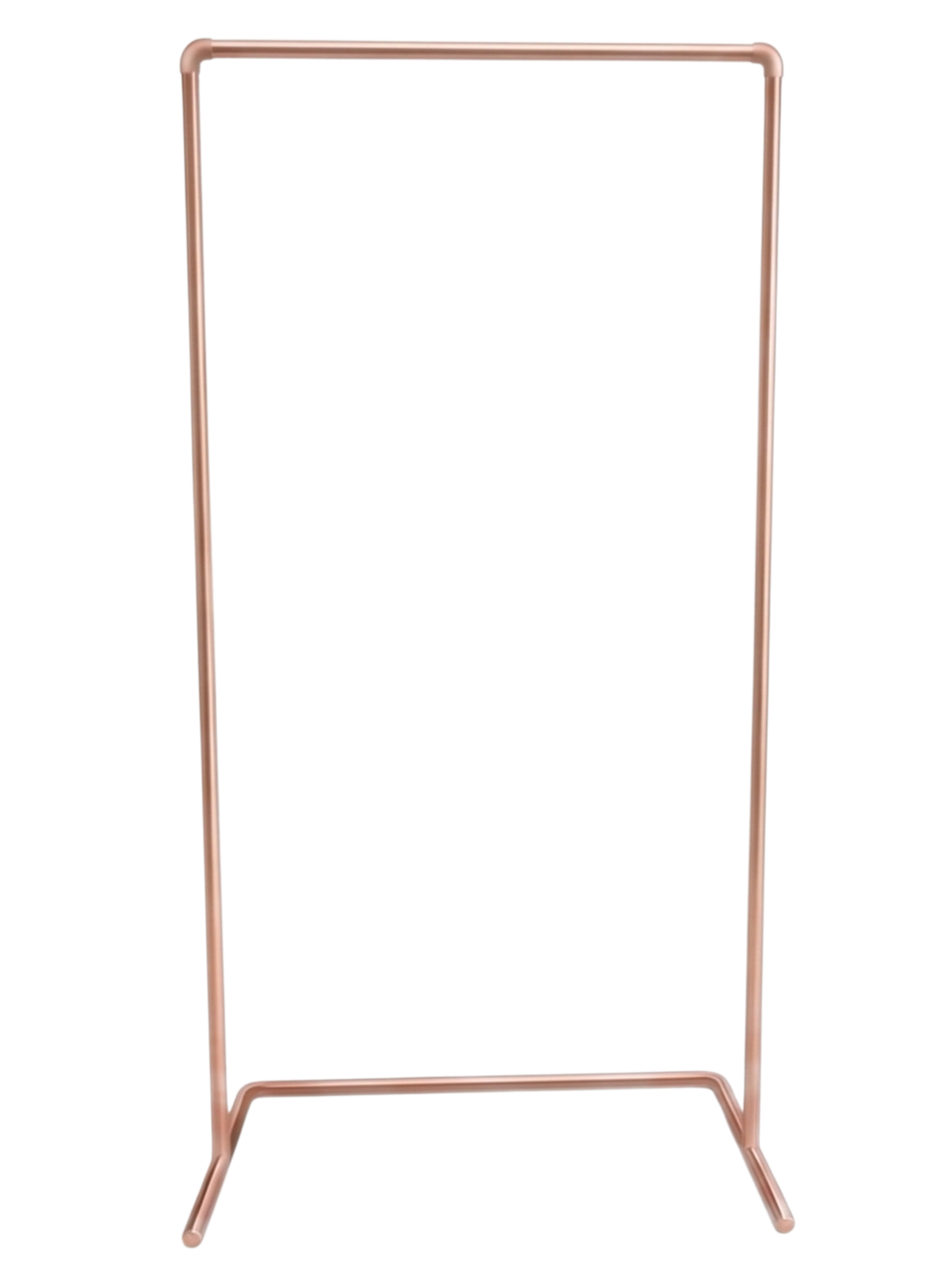 Rose gold clothing rack on a white background