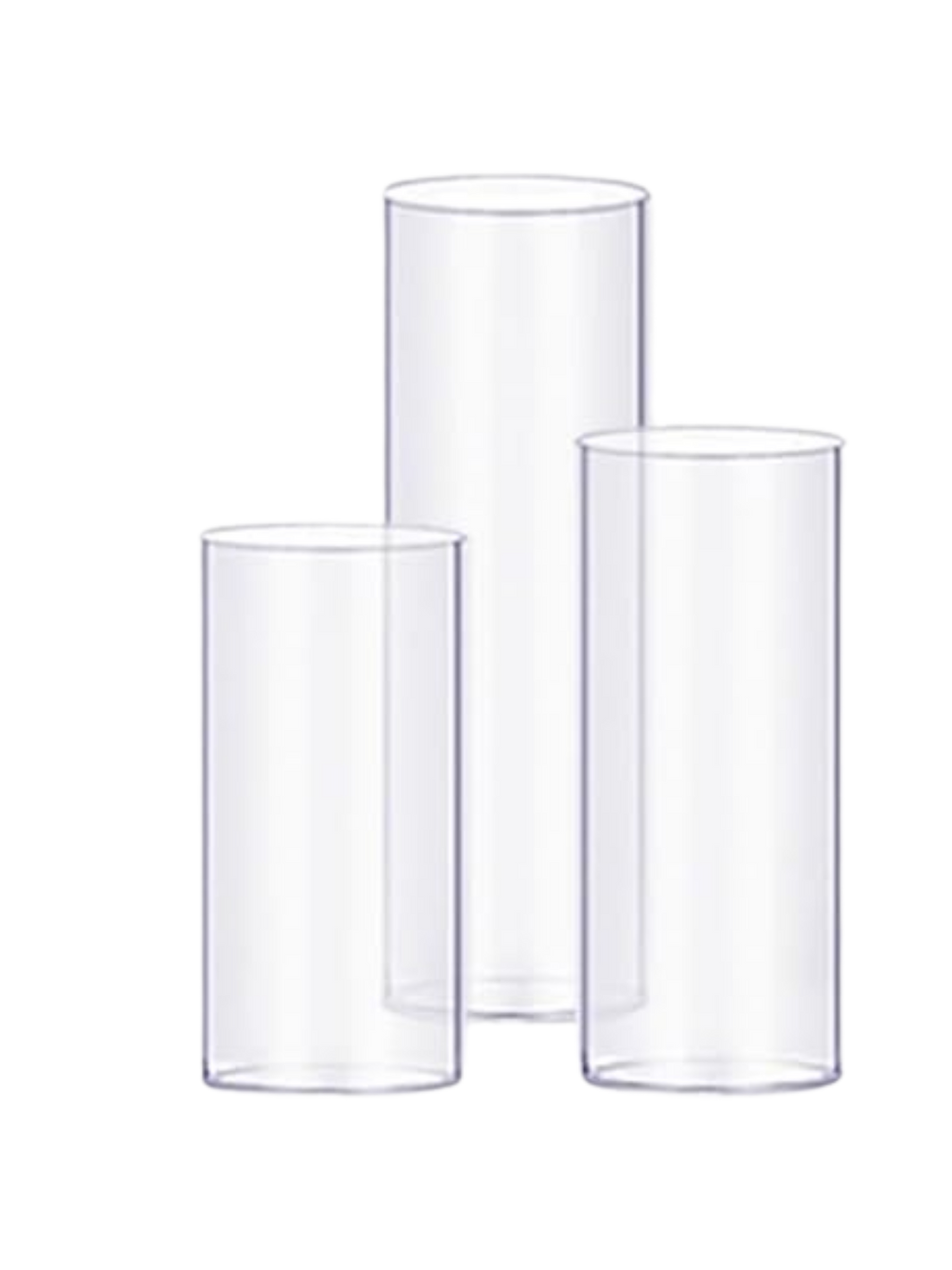 Three clear cylindrical glass vases on a white background