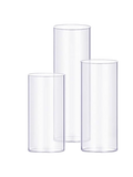 Three clear cylindrical glass vases on a white background