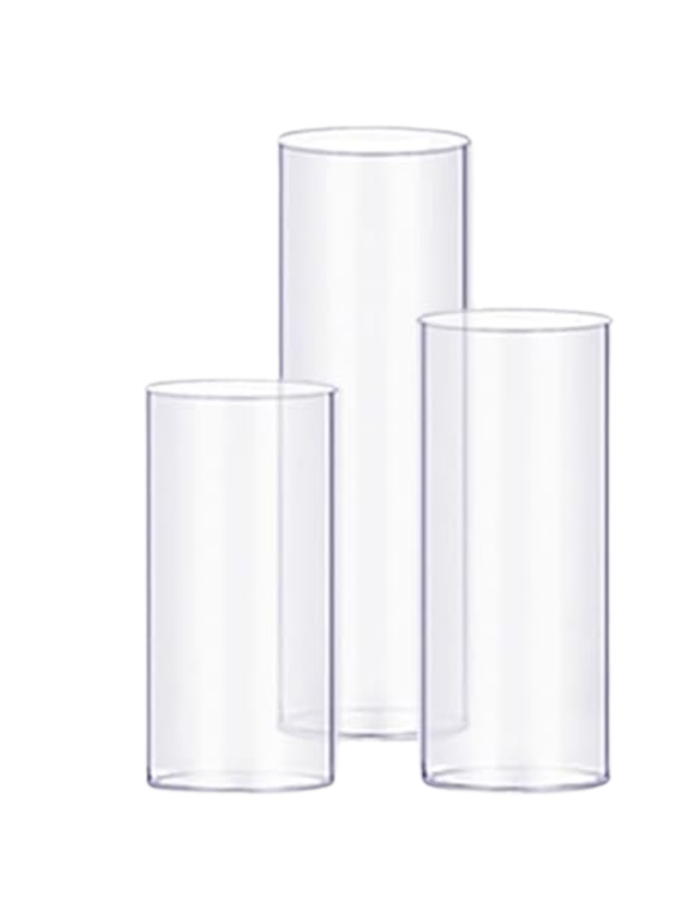 Three clear cylindrical glass vases on a white background