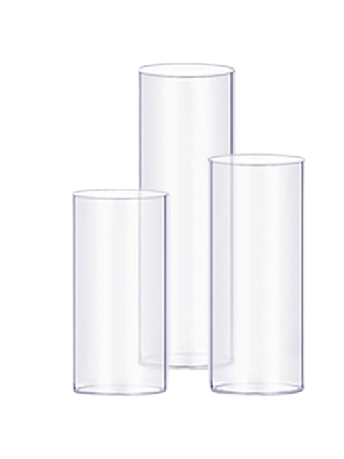 Three clear cylindrical glass vases on a white background