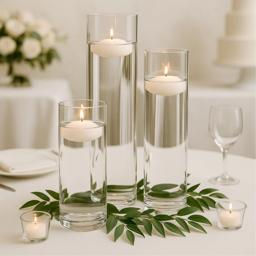 Decorative setup with candles in clear holders on a table.