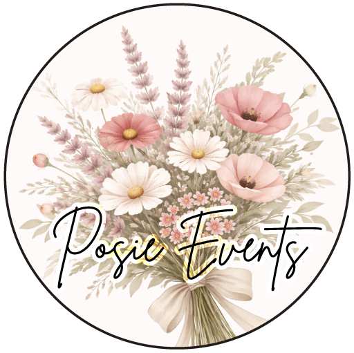 Floral design with 'Posie Events' text in a circular frame
